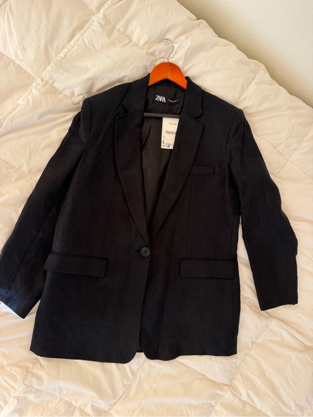 Zara Black Single-Button Linen-Blend Blazer